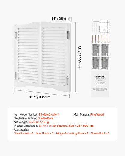 Svängbara cafédörrar, välvda innerdörrar för salong 81,3 x 91,4 cm, dubbelverkande tillverkade av furu, med gångjärn och beslag, enkel att installera, för hall, kök, bar, pub, entré, vit