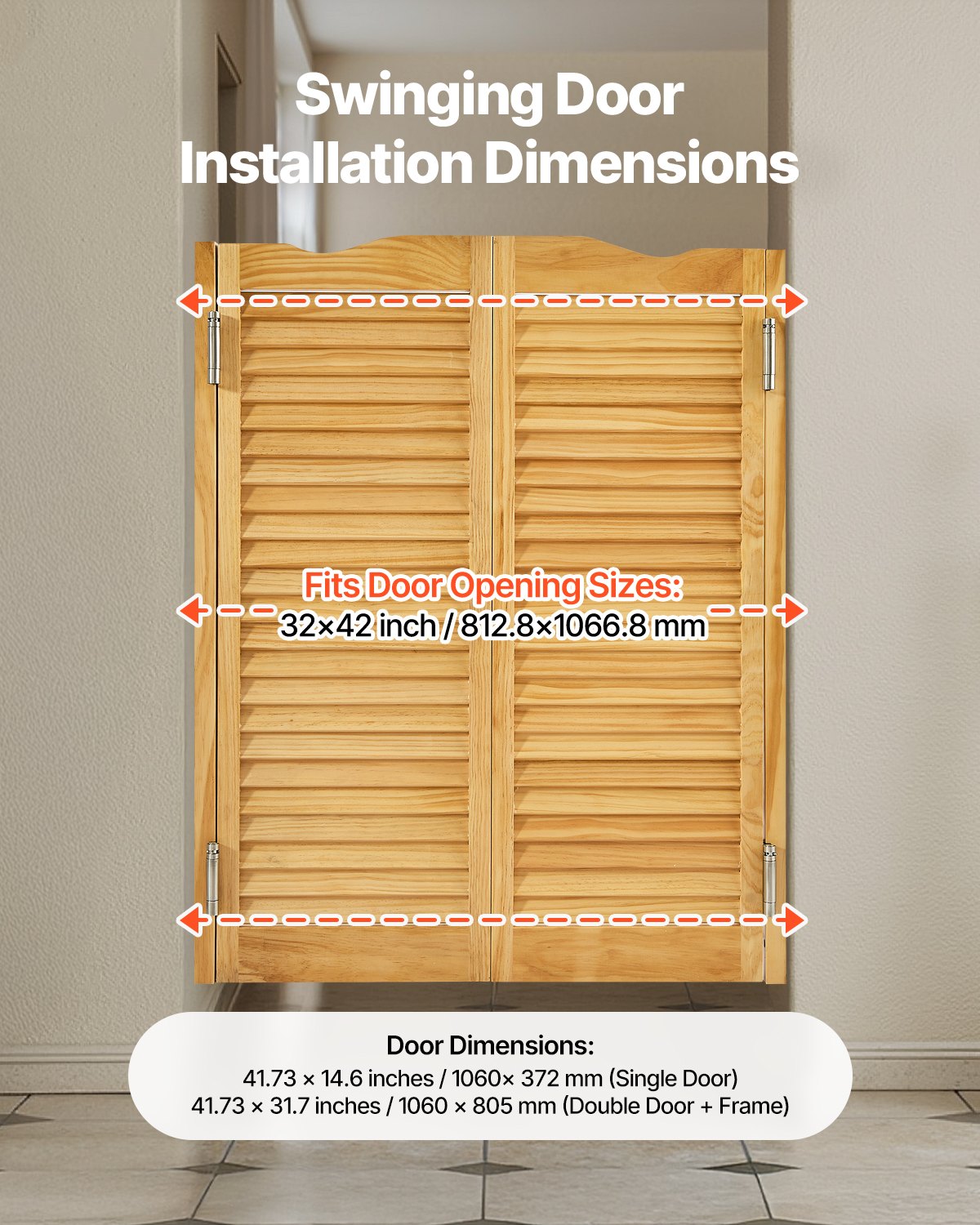 Swinging Cafe Doors, Arched Top Interior Saloon Doors 81.3 x 106.7 cm, Double Action Made of Pine Wood, with Hinges & Hardware, Easy to Install, for Hallway Kitchen Bar Pub Entrance, Log Color