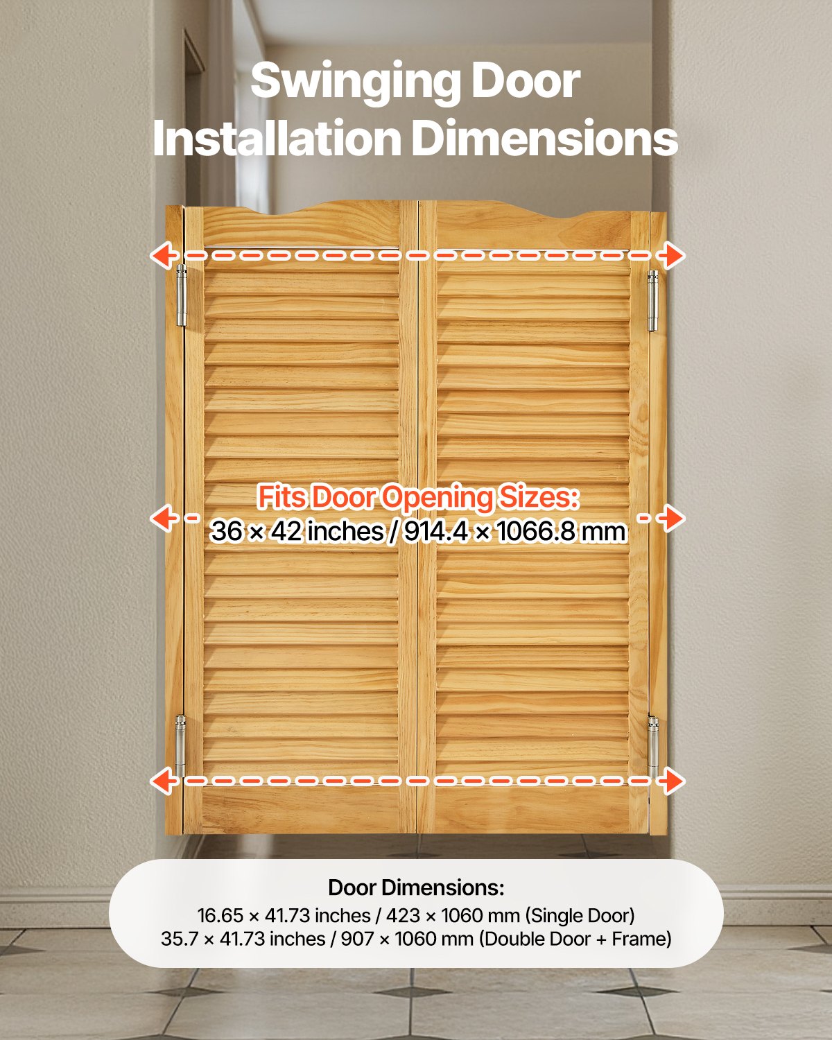 Swinging Cafe Doors, Arched Top Interior Saloon Doors 91.4 x 106.7 cm, Double Action Made of Pine Wood, with Hinges & Hardware, Easy to Install, for Hallway Kitchen Bar Pub Entrance, Log Color