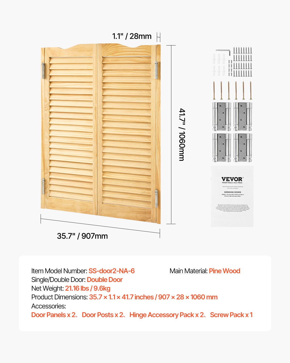 Swinging Cafe Doors, Arched Top Interior Saloon Doors 91.4 x 106.7 cm, Double Action Made of Pine Wood, with Hinges & Hardware, Easy to Install, for Hallway Kitchen Bar Pub Entrance, Log Color