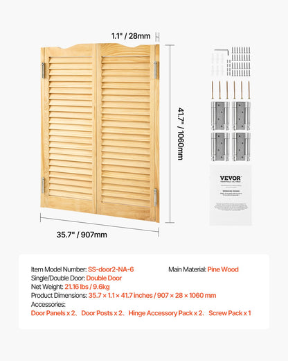 Swinging Cafe Doors, Arched Top Interior Saloon Doors 91.4 x 106.7 cm, Double Action Made of Pine Wood, with Hinges & Hardware, Easy to Install, for Hallway Kitchen Bar Pub Entrance, Log Color