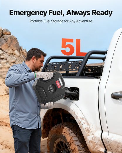 Bränslebehållare, 5 l, bensindunk med pip och låsbart fäste, 15 l/min maxflödeshastighet, säker och läckagesäker, bärbar platt vätskebehållare för de flesta bilar, motorcyklar, ATV, UTV, svart