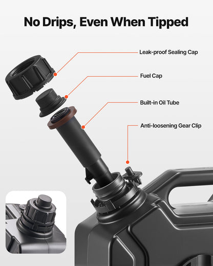 Bränslebehållare, 5 l, bensindunk med pip och låsbart fäste, 15 l/min maxflödeshastighet, säker och läckagesäker, bärbar platt vätskebehållare för de flesta bilar, motorcyklar, ATV, UTV, svart