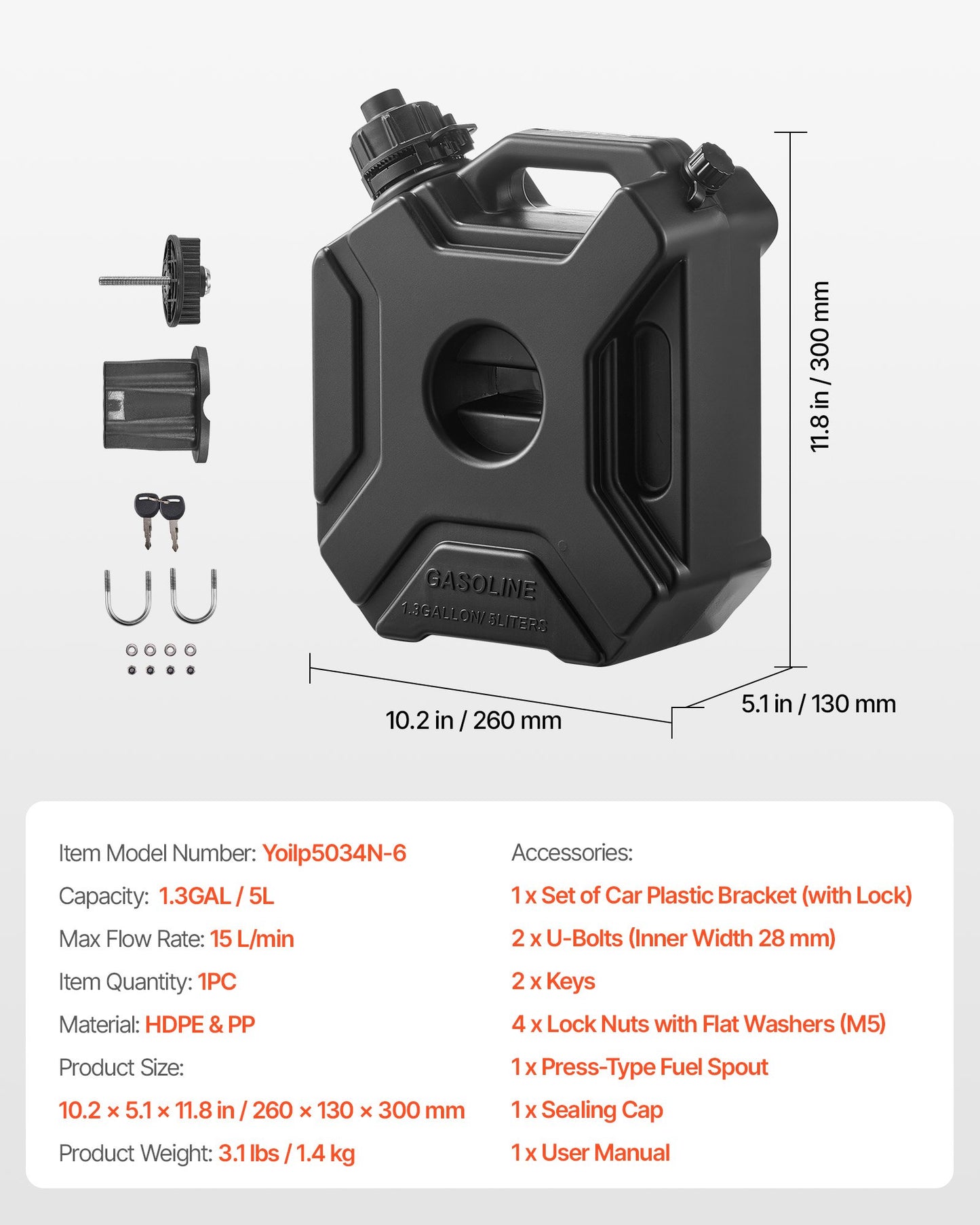 Bränslebehållare, 5 l, bensindunk med pip och låsbart fäste, 15 l/min maxflödeshastighet, säker och läckagesäker, bärbar platt vätskebehållare för de flesta bilar, motorcyklar, ATV, UTV, svart