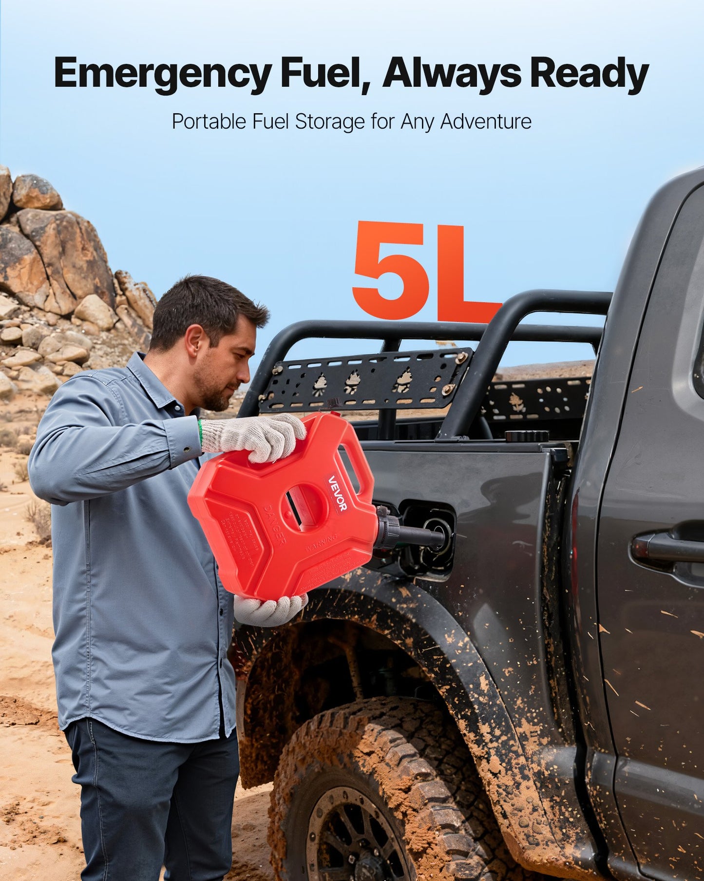 Bränslebehållare, 5 l, bensindunk med pip och låsbart fäste, 15 l/min maxflödeshastighet, säker och läckagesäker, bärbar platt vätskebehållare för de flesta bilar, motorcyklar, ATV, UTV, röd