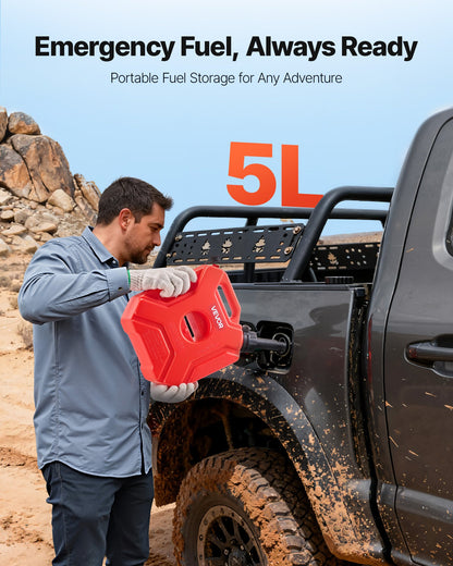 Bränslebehållare, 5 l, bensindunk med pip och låsbart fäste, 15 l/min maxflödeshastighet, säker och läckagesäker, bärbar platt vätskebehållare för de flesta bilar, motorcyklar, ATV, UTV, röd