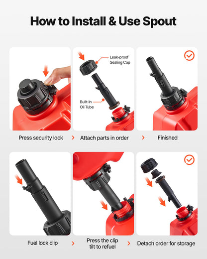 Bränslebehållare, 5 l, bensindunk med pip och låsbart fäste, 15 l/min maxflödeshastighet, säker och läckagesäker, bärbar platt vätskebehållare för de flesta bilar, motorcyklar, ATV, UTV, röd