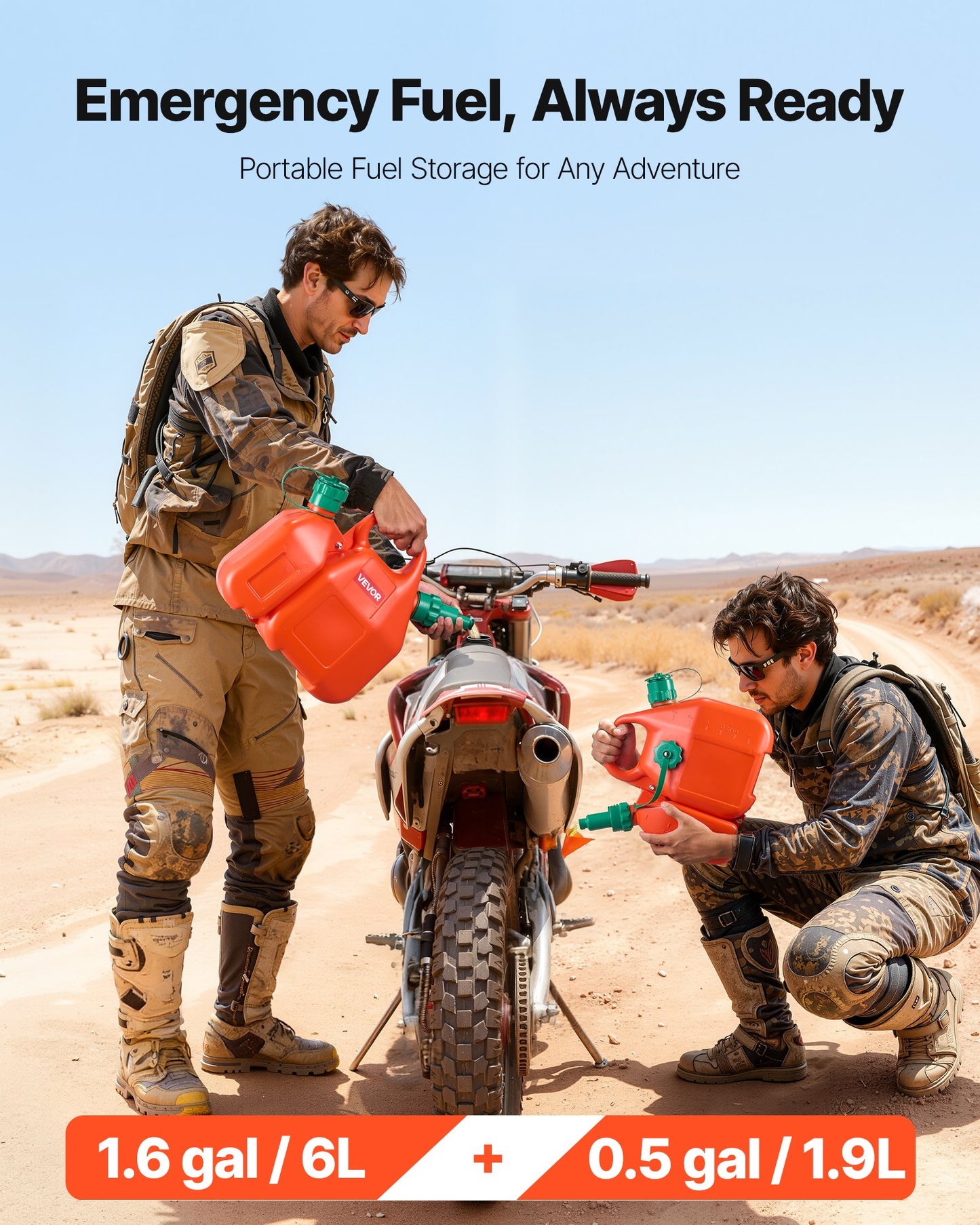 Bränslebehållare, 6 l, bränsletank med pip och 1,9 l extra oljebehållare, 5,5 l/min maxflödeshastighet, läckagesäker och bärbar platt vätskebehållare för de flesta bilar, motorcyklar, ATV, UTV