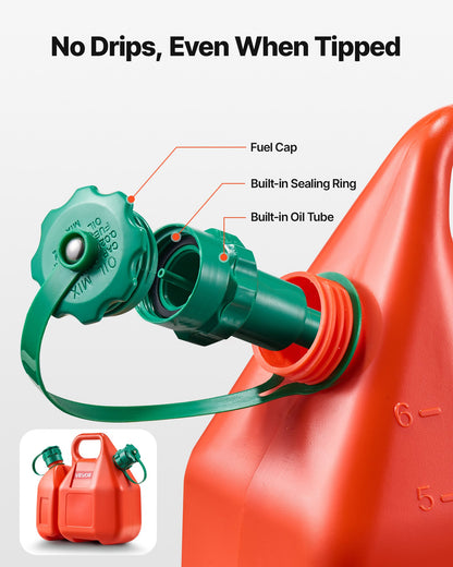Bränslebehållare, 6 l, bränsletank med pip och 1,9 l extra oljebehållare, 5,5 l/min maxflödeshastighet, läckagesäker och bärbar platt vätskebehållare för de flesta bilar, motorcyklar, ATV, UTV