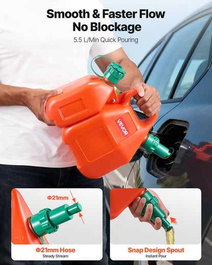 Bränslebehållare, 6 l, bränsletank med pip och 1,9 l extra oljebehållare, 5,5 l/min maxflödeshastighet, läckagesäker och bärbar platt vätskebehållare för de flesta bilar, motorcyklar, ATV, UTV