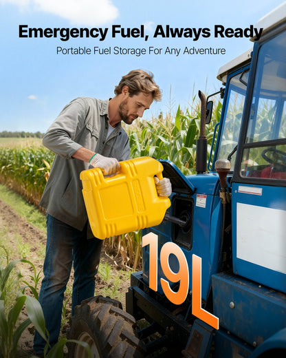 Bränslebehållare, 19 l, bensintank med pip och tydlig skala, 15 l/min maxflödeshastighet, säker och läckagesäker, bärbar platt vätskebehållare för de flesta bilar, motorcyklar, SUV, ATV, UTV, gul, 2-pack