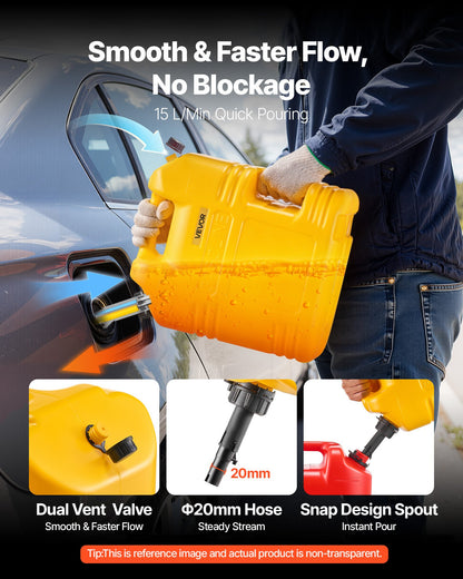 Bränslebehållare, 19 l, bensintank med pip och tydlig skala, 15 l/min maxflödeshastighet, säker och läckagesäker, bärbar platt vätskebehållare för de flesta bilar, motorcyklar, SUV, ATV, UTV, gul, 2-pack