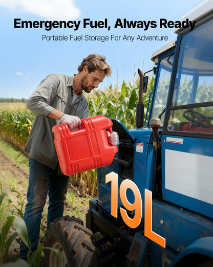 Bränslebehållare, 19 l, bensintank med pip och genomskinlig skala, 15 l/min maxflödeshastighet, säker och läckagesäker, bärbar platt vätskebehållare för de flesta bilar, motorcyklar, ATV, UTV, röd, 2-pack