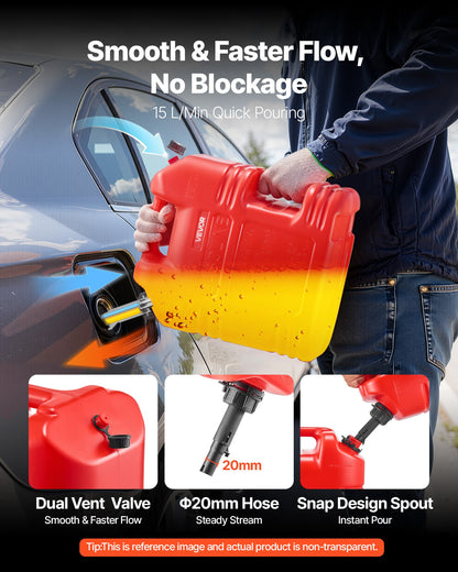 Bränslebehållare, 19 l, bensintank med pip och genomskinlig skala, 15 l/min maxflödeshastighet, säker och läckagesäker, bärbar platt vätskebehållare för de flesta bilar, motorcyklar, ATV, UTV, röd, 2-pack