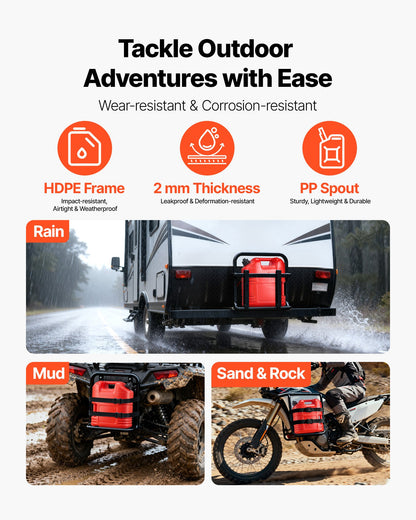 Bränslebehållare, 19 l, bensintank med pip och genomskinlig skala, 15 l/min maxflödeshastighet, säker och läckagesäker, bärbar platt vätskebehållare för de flesta bilar, motorcyklar, ATV, UTV, röd, 2-pack