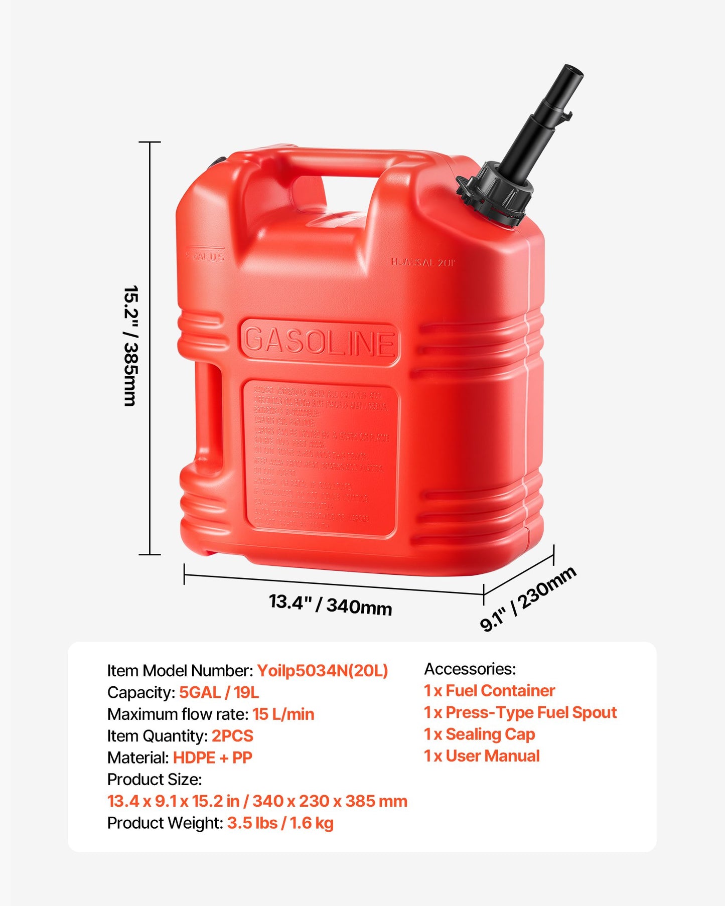 Bränslebehållare, 19 l, bensintank med pip och genomskinlig skala, 15 l/min maxflödeshastighet, säker och läckagesäker, bärbar platt vätskebehållare för de flesta bilar, motorcyklar, ATV, UTV, röd, 2-pack