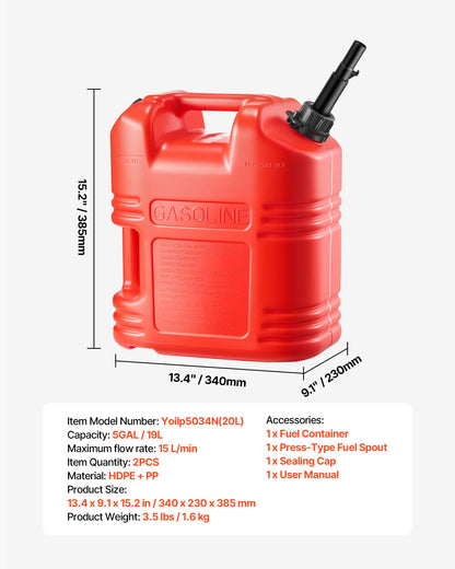 Bränslebehållare, 19 l, bensintank med pip och genomskinlig skala, 15 l/min maxflödeshastighet, säker och läckagesäker, bärbar platt vätskebehållare för de flesta bilar, motorcyklar, ATV, UTV, röd, 2-pack