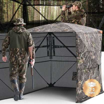 Hunting Blind, 2-3 Person See Through Ground Blinds with Carrying Bag, 360 Degree Portable Camouflage Tent, Durable Concealed Shelter with Silent Side Door and Window, for Turkey and Deer