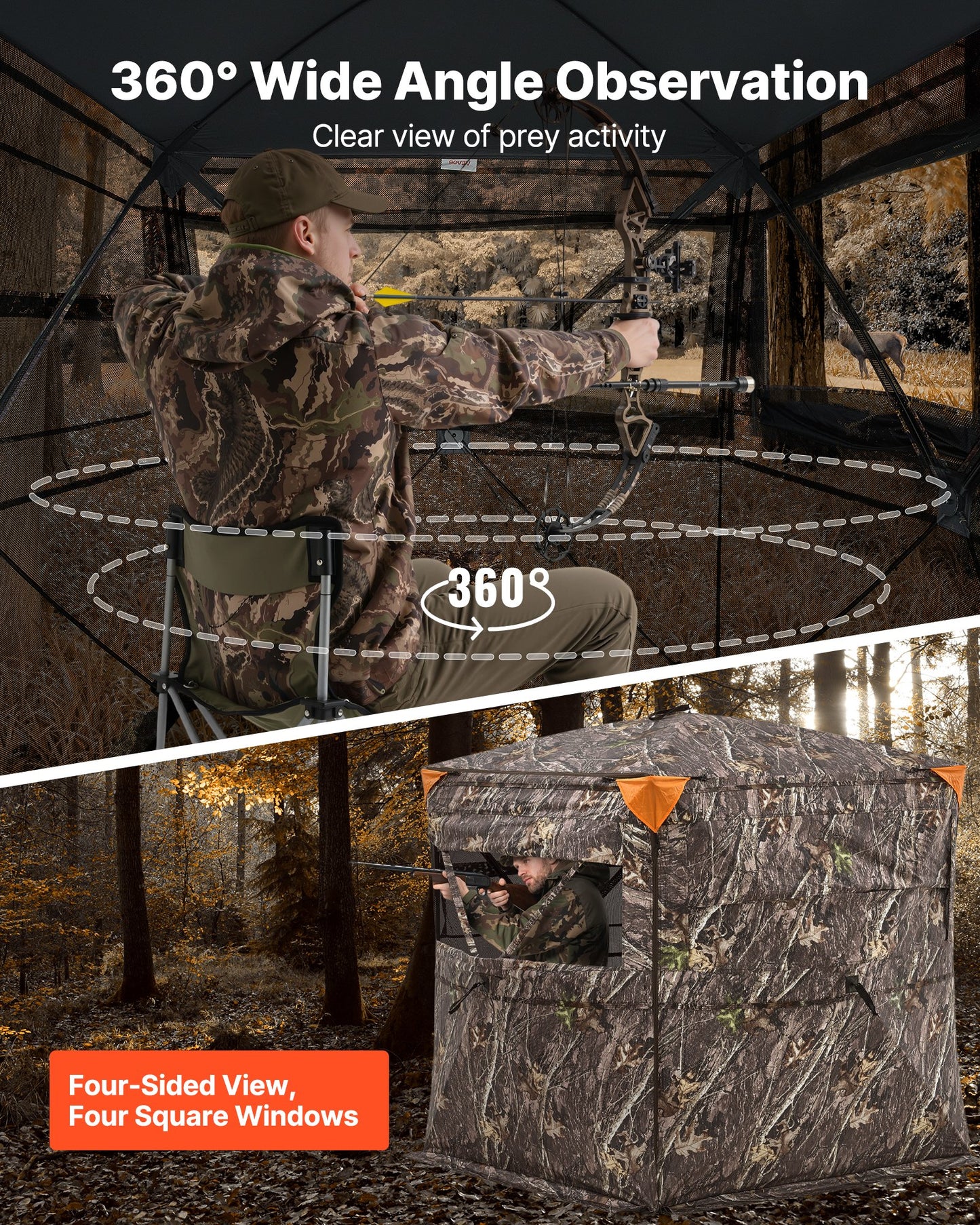 Hunting Blind, 2-3 Person See Through Ground Blinds with Carrying Bag, 360 Degree Portable Camouflage Tent, Durable Concealed Shelter with Silent Side Door and Window, for Turkey and Deer