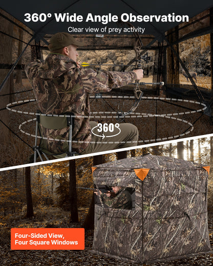 Hunting Blind, 2-3 Person See Through Ground Blinds with Carrying Bag, 360 Degree Portable Camouflage Tent, Durable Concealed Shelter with Silent Side Door and Window, for Turkey and Deer