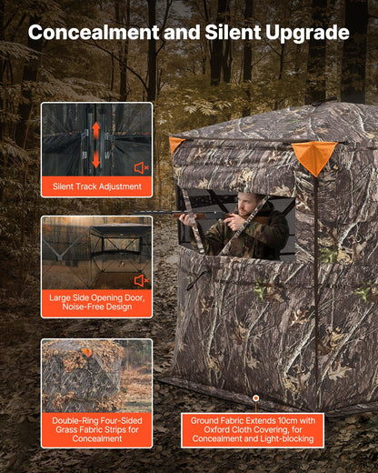 Hunting Blind, 2-3 Person See Through Ground Blinds with Carrying Bag, 360 Degree Portable Camouflage Tent, Durable Concealed Shelter with Silent Side Door and Window, for Turkey and Deer