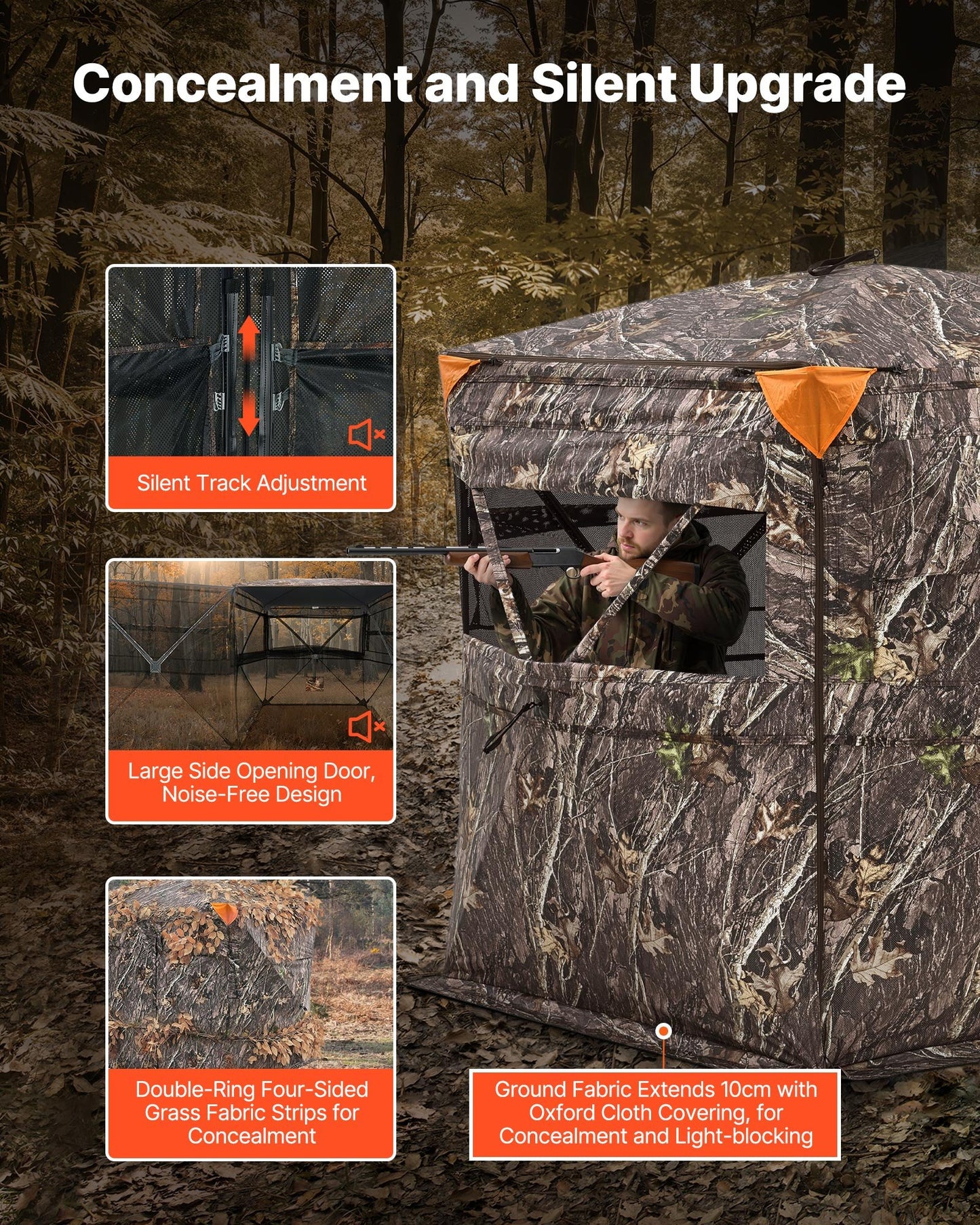 Hunting Blind, 2-3 Person See Through Ground Blinds with Carrying Bag, 360 Degree Portable Camouflage Tent, Durable Concealed Shelter with Silent Side Door and Window, for Turkey and Deer