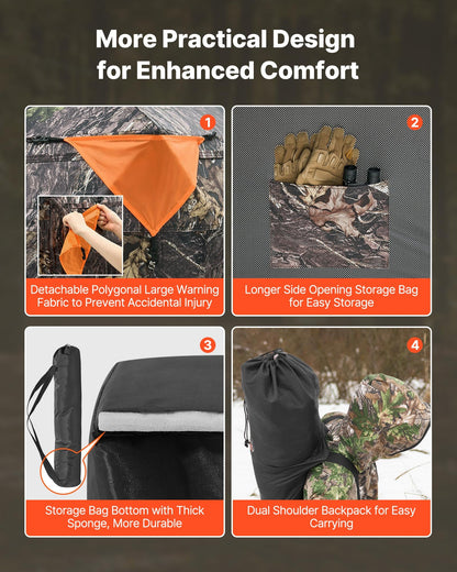 Hunting Blind, 2-3 Person See Through Ground Blinds with Carrying Bag, 360 Degree Portable Camouflage Tent, Durable Concealed Shelter with Silent Side Door and Window, for Turkey and Deer