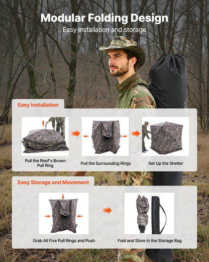 Hunting Blind, 2-3 Person See Through Ground Blinds with Carrying Bag, 360 Degree Portable Camouflage Tent, Durable Concealed Shelter with Silent Side Door and Window, for Turkey and Deer