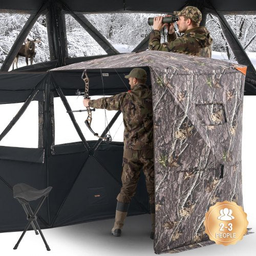 Hunting Blind, 2-3 Person Thermal Ground Blinds with Tri-Leg Chair and Carrying Bag, Portable Camouflage Tent, Durable Concealed Shelter with Silent Zipper Door and Window, for Turkey Deer