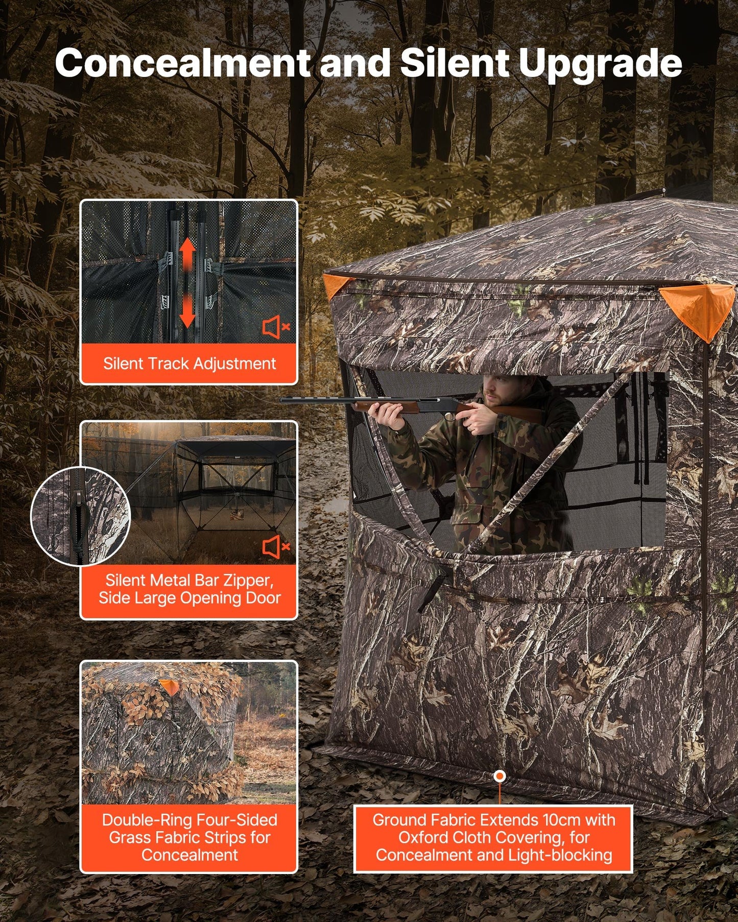 Hunting Blind, 4-5 Person See Through Ground Blinds with Carrying Bag, 360 Degree Portable Camouflage Tent, Durable Concealed Shelter with Silent Zipper Door and Window, for Turkey and Deer