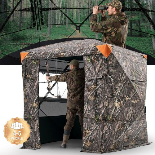 Hunting Blind, 4-5 Person See Through Ground Blinds with Carrying Bag, 270 Degree Portable Camouflage Tent, Durable Concealed Shelter with Silent Magnetic Door and Window, for Turkey and Deer
