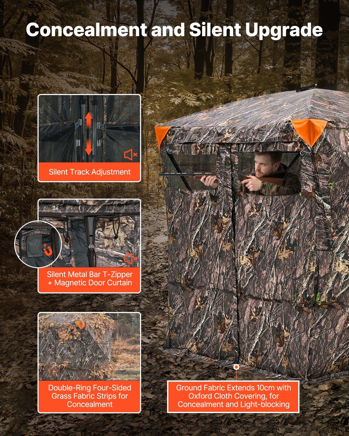 Hunting Blind, 4-5 Person See Through Ground Blinds with Carrying Bag, 270 Degree Portable Camouflage Tent, Durable Concealed Shelter with Silent Magnetic Door and Window, for Turkey and Deer