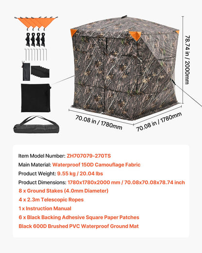 Hunting Blind, 4-5 Person See Through Ground Blinds with Carrying Bag, 270 Degree Portable Camouflage Tent, Durable Concealed Shelter with Silent Magnetic Door and Window, for Turkey and Deer