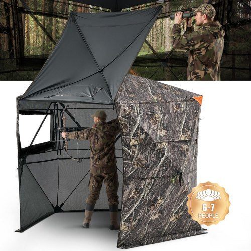 Hunting Blind, 6-7 Person, 288 Degree 5 Side See-Through Ground Blinds with Carrying Bag, Portable Camouflage Tent, Durable Concealed Shelter with Silent Zipper Door and Window, for Turkey Deer