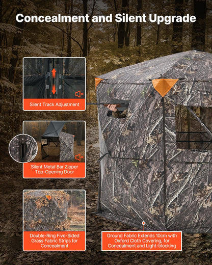 Hunting Blind, 6-7 Person, 288 Degree 5 Side See-Through Ground Blinds with Carrying Bag, Portable Camouflage Tent, Durable Concealed Shelter with Silent Zipper Door and Window, for Turkey Deer