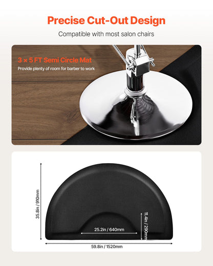 Salongsmatta för hårstylist, 1520 x 910 mm halvcirkelformad salongsstolsmatta, 13 mm förtjockad anti-trötthetsmatta för frisörer med runda utskärningar, lättrengjord PVC-yta och snubbelsäkra, avfasade kanter