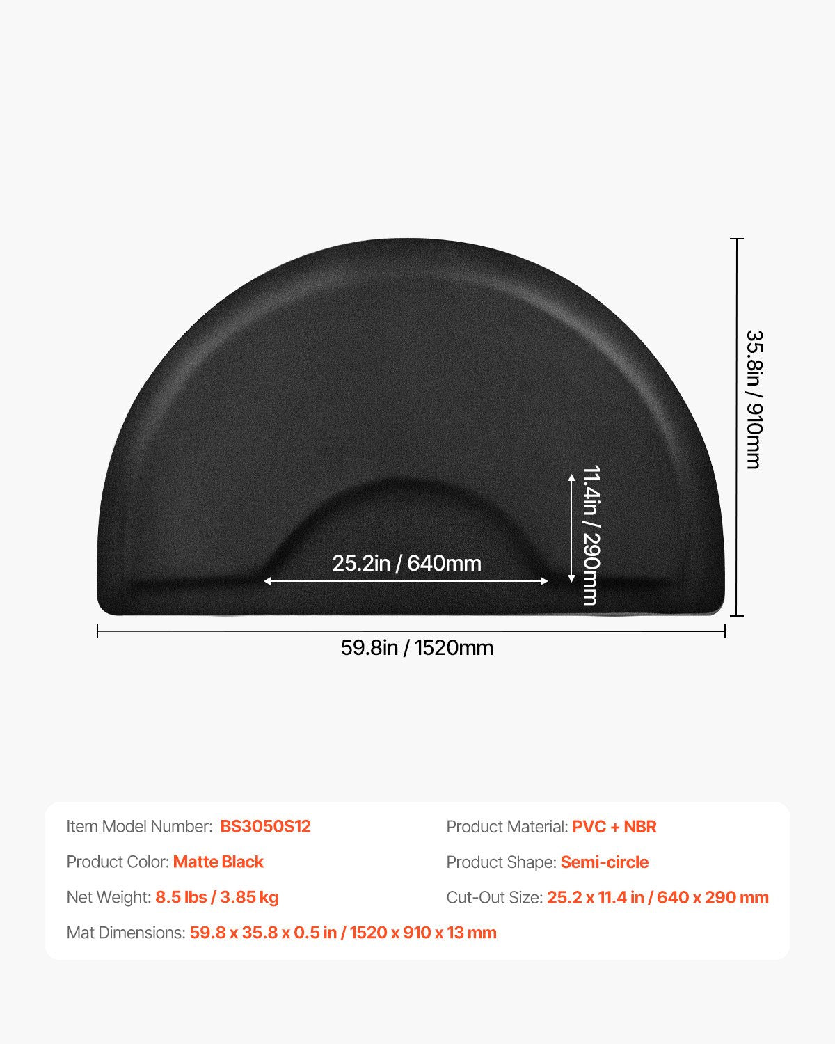 Salongsmatta för hårstylist, 1520 x 910 mm halvcirkelformad salongsstolsmatta, 13 mm förtjockad anti-trötthetsmatta för frisörer med runda utskärningar, lättrengjord PVC-yta och snubbelsäkra, avfasade kanter