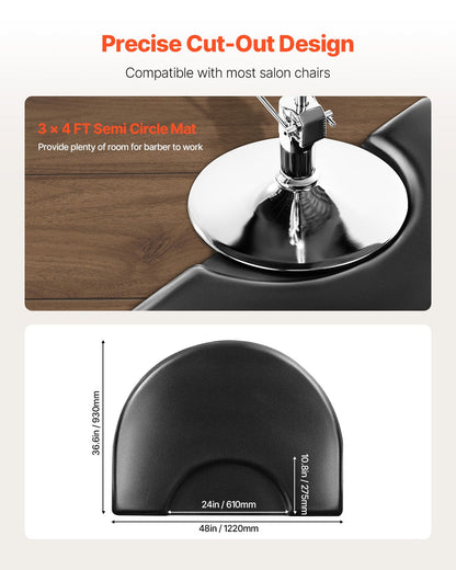 Salongsmatta för hårstylist, 1220 x 930 mm halvcirkelformad salongsstolsmatta, 25 mm förtjockad anti-trötthetsmatta för frisörer med runda utskärningar, lättrengjord PVC-yta och snubbelsäkra, avfasade kanter