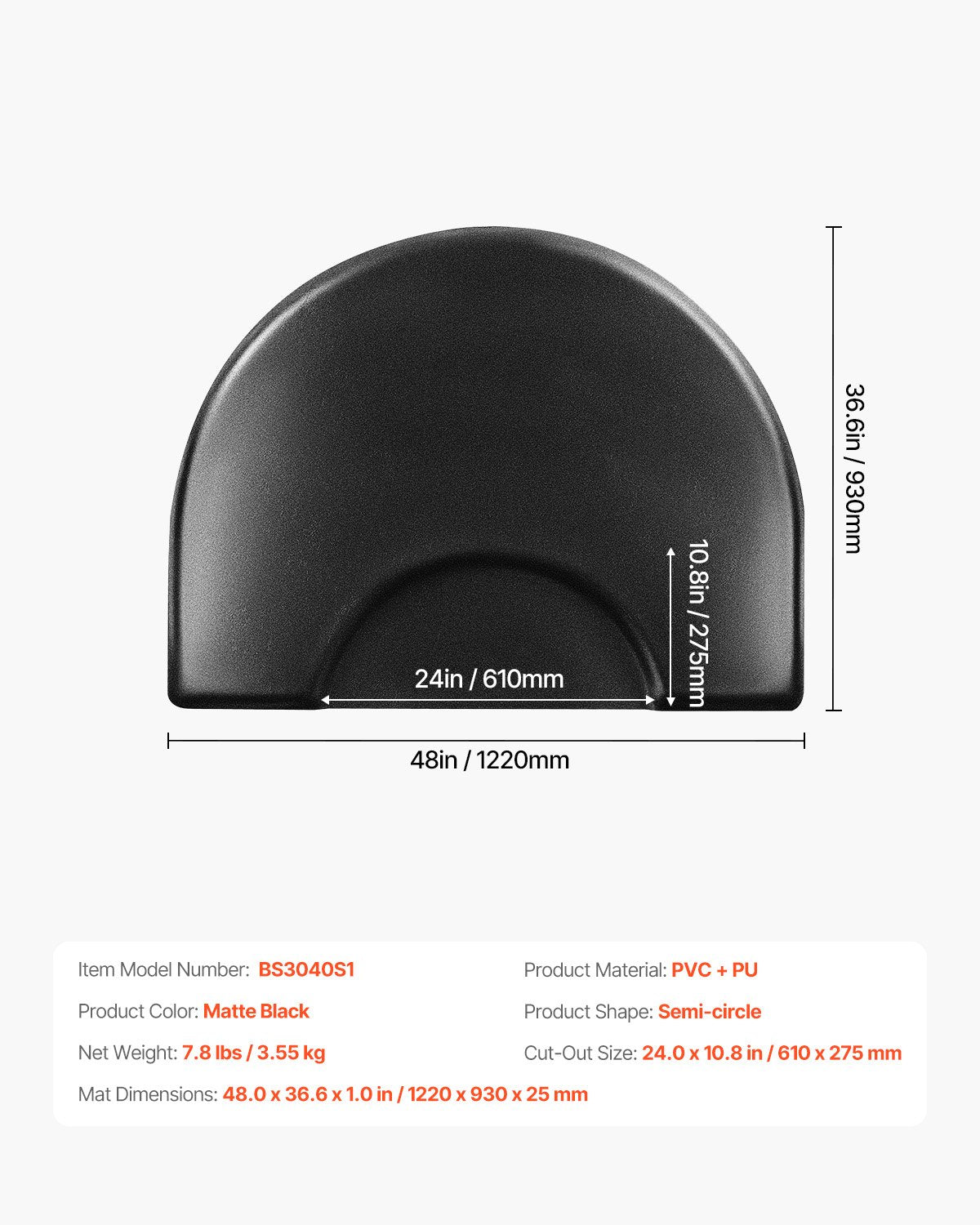 Salongsmatta för hårstylist, 1220 x 930 mm halvcirkelformad salongsstolsmatta, 25 mm förtjockad anti-trötthetsmatta för frisörer med runda utskärningar, lättrengjord PVC-yta och snubbelsäkra, avfasade kanter
