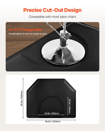 Salongsmatta för hårstylist, 1225 x 1505 mm hexagonmatta för salongsstolar, anti-trötthetsmatta, 13 mm förtjockad golvmatta för barbershop med runda utskärningar, lättrengjord PVC-yta och snubbelsäkra, avfasade kanter