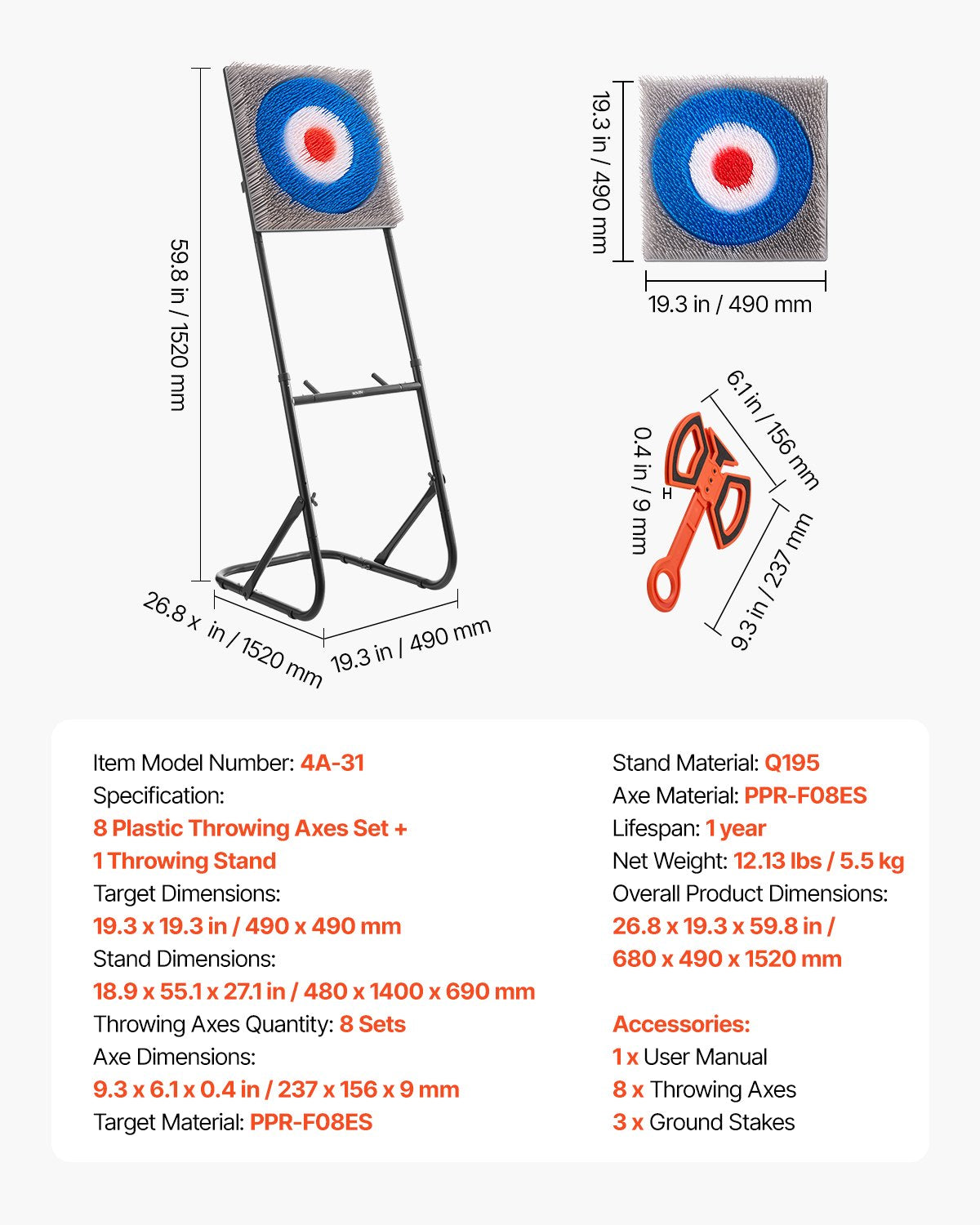 Axe Throwing Game, Plastic Bristle Target with 8 Throwing Axes Set, Foldable Steel Frame, Easy to Store, Stable Placement for Indoor and Outdoor, Backyard, Yard and Carnival Games, Adults Kids