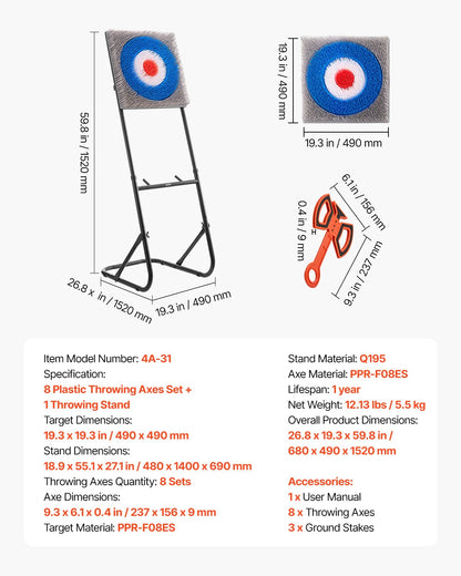 Axe Throwing Game, Plastic Bristle Target with 8 Throwing Axes Set, Foldable Steel Frame, Easy to Store, Stable Placement for Indoor and Outdoor, Backyard, Yard and Carnival Games, Adults Kids