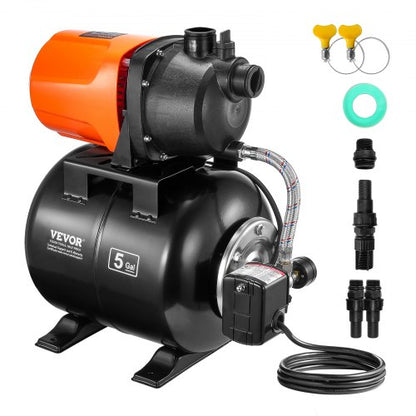 745 W(1 HP) Shallow Well Pump with Pressure Tank, 63 L/min(1000 GPH), Automatic Irrigation Water Booster Pump with 50 m(164 ft) Lift 1.4/2.8 bar(20/40 PSI) Pressure Switch, Thermoplastic Pump Head for Home Garden Lawn