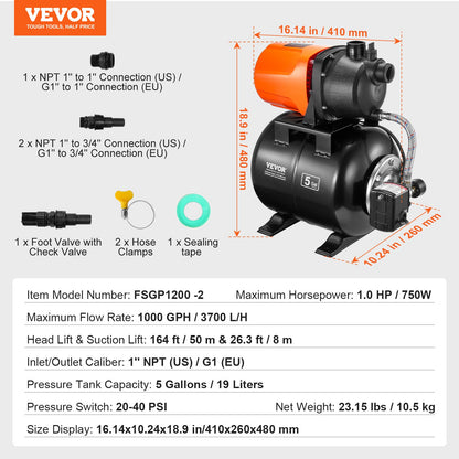 745 W(1 HP) Shallow Well Pump with Pressure Tank, 63 L/min(1000 GPH), Automatic Irrigation Water Booster Pump with 50 m(164 ft) Lift 1.4/2.8 bar(20/40 PSI) Pressure Switch, Thermoplastic Pump Head for Home Garden Lawn
