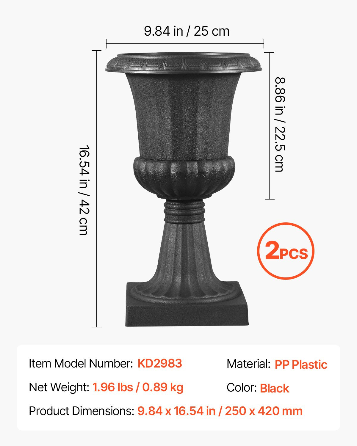 Plasturnplanter, 25 x 42 cm, 2-pack svarta klassiska blomkrukor för veranda, inomhus- och utomhusvas för bröllop, fest, evenemang, hem, scen, trädgård, balkong, uteplatsdekoration