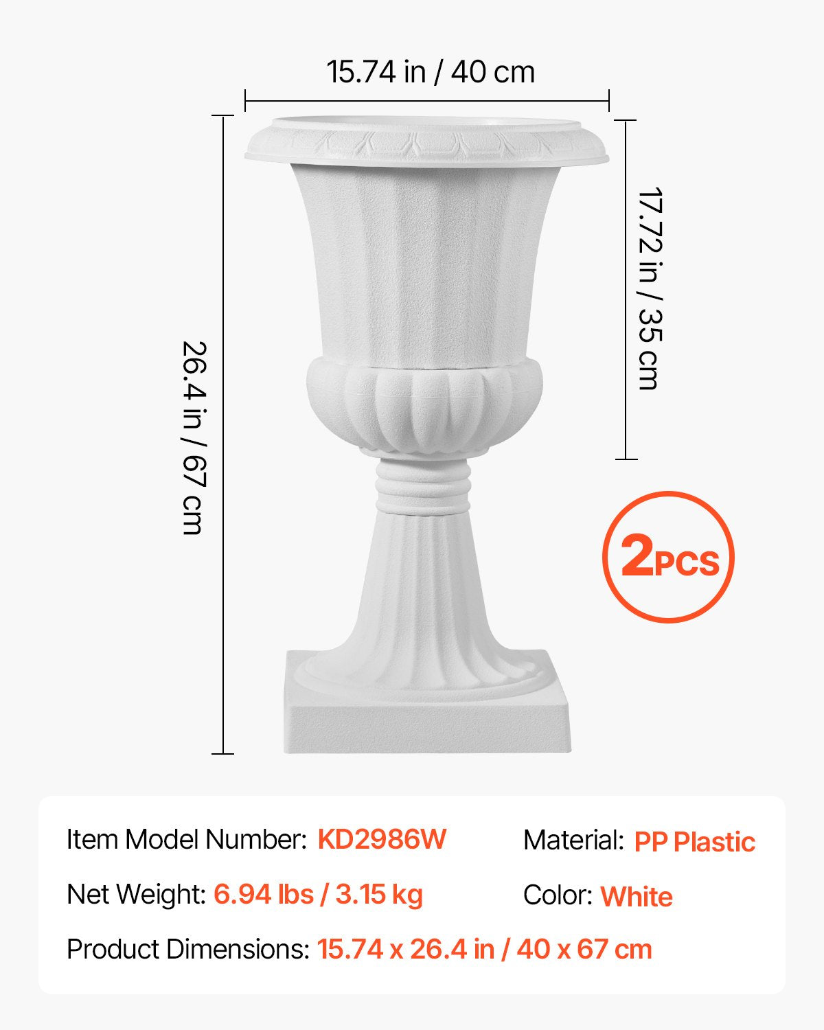 Plastic Urn Planters, 40 x 67 cm, 2 Pack White Classic Flower Pots Front Porch Planters, Indoor & Outdoor Vase for Wedding, Party, Event, Home, Stage, Garden, Balcony, Patio Decoration