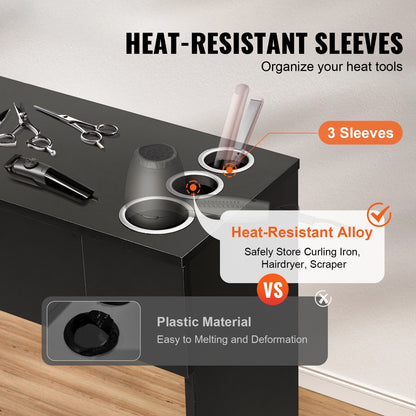 Salon Station, Wall Mount Barber Salon Station for Hair Stylist, Beauty Spa Furniture Set, 1 Storage Cabinet, 3 Cubbies and 2 Drawers(One Lockable), Black