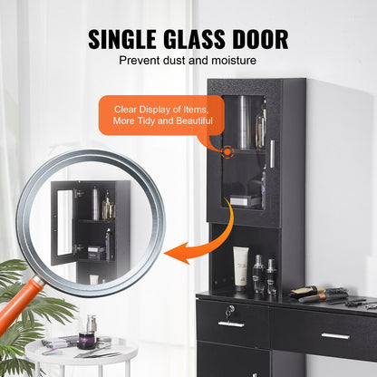 Salon Station, Wall Mount Barber Salon Station for Hair Stylist, Beauty Spa Furniture Set, 1 Storage Cabinet, 3 Cubbies and 2 Drawers(One Lockable), Black