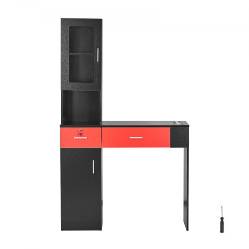 Salon Station, Väggmonterad frisörsalongstation för hårstylist, Skönhetsspa-möbelset, 1 förvaringsskåp, 3 fack och 2 lådor (en låsbar), Svart och röd
