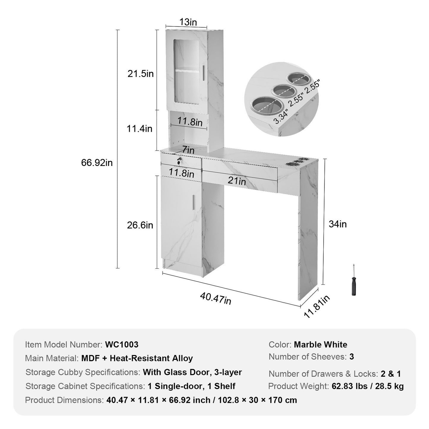 Salon Station, Wall Mount Barber Salon Station for Hair Stylist, Beauty Spa Furniture Set, 1 Storage Cabinet, 3 Cubbies and 2 Drawers(One Lockable), White